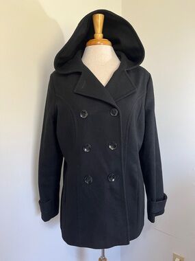 Jason Kole wool double breasted peacoat sz Large Black with attached hood